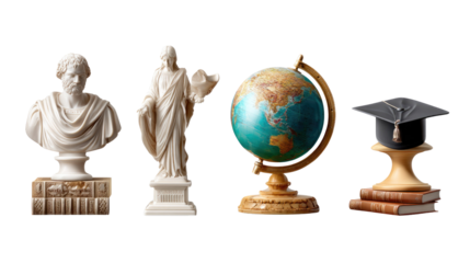 Ancient Knowledge and Modern Learning: An artistic tableau of academic elements - a classic bust, a historic statue, a globe, and a graduation cap. Reflecting the pursuit of wisdom, education.