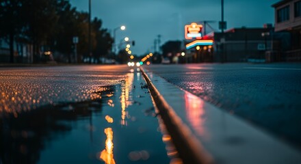 Wet city street with colorful reflections of urban lights at night