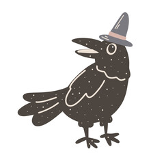 Magic raven in witch hat illustration for mystical Halloween clipart and spooky design.