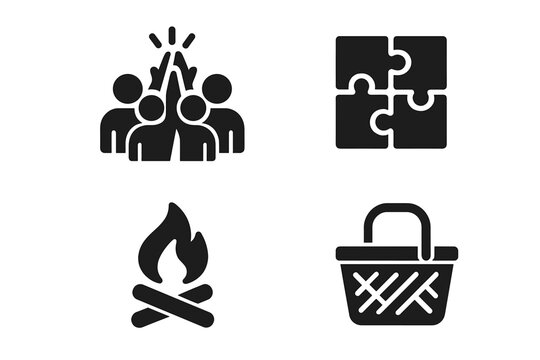 Team building solid glyph icon set. Corporate event and teamwork activities. Collaboration, partnership, group high-five, puzzle solution, campfire, and picnic vector icons.