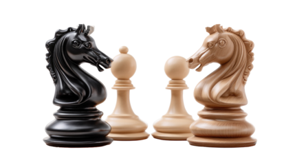 Chess Pieces Strategic Formation: A strategic formation of chess pieces, the knight and pawn, symbolizing intellect, strategy, and competition, set against a neutral backdrop.