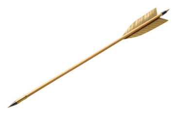 A single arrow with golden fletching and a black tip isolated on a transparent background in a studio shot