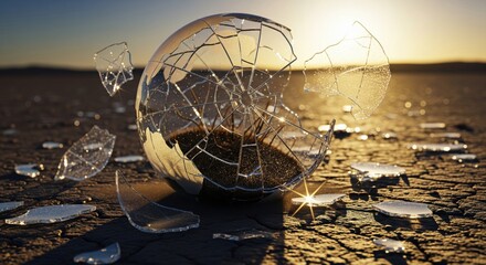 Shattered glass sphere on dry cracked earth at sunset representing a broken future