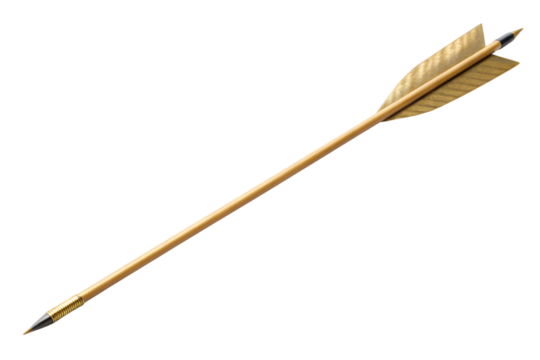 A single arrow with golden fletching and a black tip isolated on a transparent background in a studio shot - Powered by Adobe