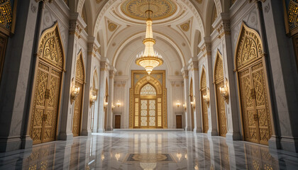 Obraz premium Luxurious Islamic architecture interior with high arched ceilings, intricate golden patterns on doors.