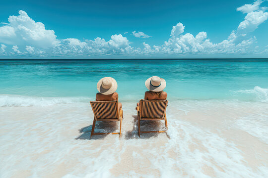 Photo of people sitting on beach chairs enjoying the beautiful view on the sand on the beach in a resort area.