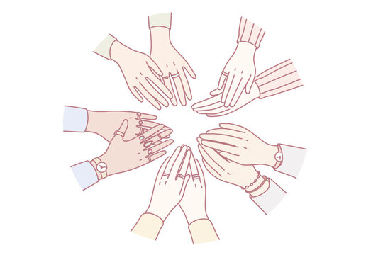 Equality in human rights, union concept. Hands of mixed race various people forming circle together feeling confident and strong with each other vector illustration
