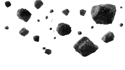 Asteroids in Orbit: A monochromatic, artistic composition showcasing a collection of textured asteroids dynamically positioned, symbolizing celestial bodies hurtling through space.