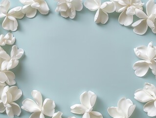 White flowers frame, Border of white petals on a light blue background, creating space for mockup designs with an empty center.
