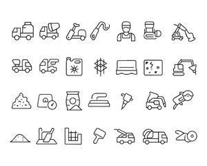 Set of outline icons related to concrete. Linear icon collection