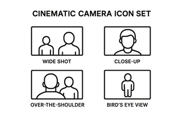 Cinematic camera angles icon set. Filmmaking and video production basics. Line icons for wide shot, close-up, over-the-shoulder, and bird's eye view. Cinematography guide.