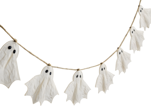 A garland of white ghost decorations hanging against a transparent background for halloween holiday party decor