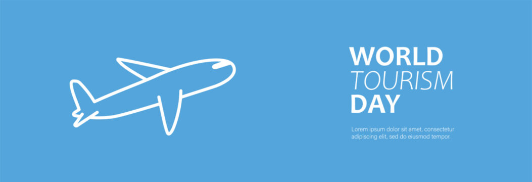 Airplane icon with World Tourism Day text on blue background. - Powered by Adobe