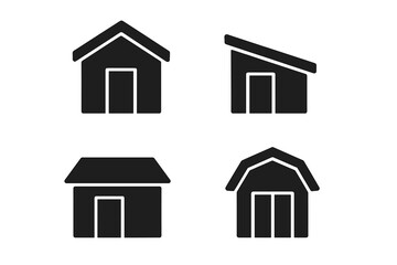 Shed solid glyph icons set. Vector collection of different shed design types like gable roof, lean-to, saltbox, and barn style. Building silhouette for a garden house or storage.