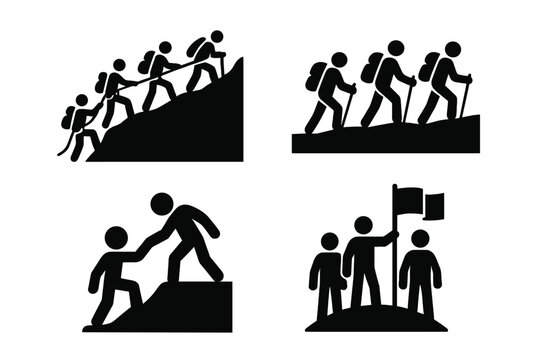 Teamwork icon set vector. Metaphor for business success. People climbing mountain. Helping hand for support. Group reaching goal with flag. Leadership and collaboration concept.