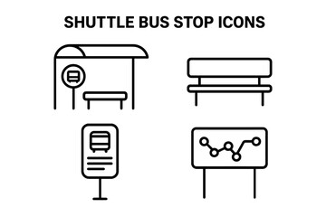 Bus stop line icon set. Public transport vector symbols. Shuttle bus station pictogram collection with shelter, bench, timetable sign, and route map. Simple transit elements.
