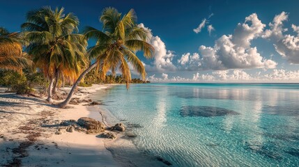 Tropical beach with palm trees under a vibrant sky (1)