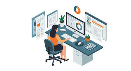 Woman analyzing data in home office with multiple screens and charts in isometric style