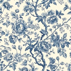 Floral, cream-colored backdrop with intricate blue botanical pattern