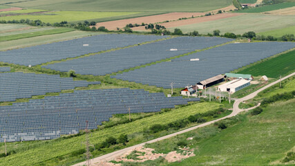 Large solar panel farm generating clean energy in agricultural landscape