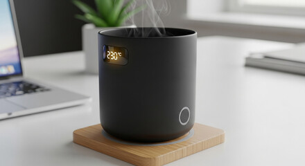 The image shows a steaming black mug sitting on a wooden coaster. The mug has a digital display that reads "230°F" and a touch-sensitive button. The image is used on an Adobe Stock submission page.

