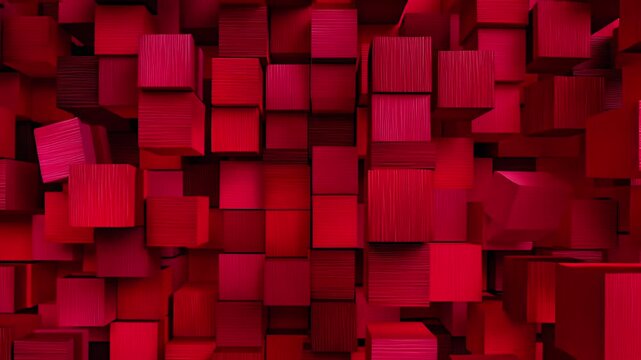 A textured wall composed of numerous red cubes arranged in a visually striking pattern.