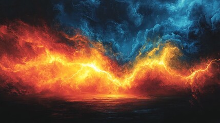 Fiery Sky with Lightning Strike over a Dark Sea