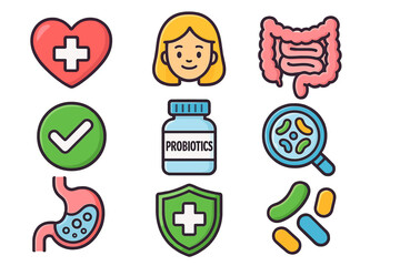 Probiotics icon set vector. Gut health, digestion and healthy flora supplement concept. Stomach, intestine, bacteria, microbiome and digestive system cartoon icons.