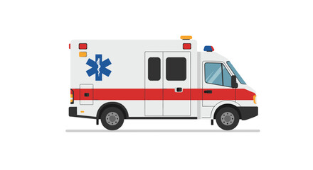 Modern emergency ambulance with red stripe on white background