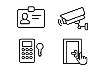 Security and Access Control Line Icon Set with Identification Badge, Surveillance Camera, Keypad Access, and Door Entry Vector Cartoon Illustrations, Transparent Background