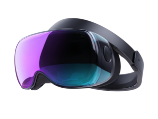  Modern VR headset with glowing neon reflections isolated on white background