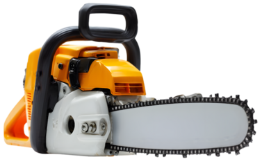 Close-up view of a chainsaw with a sharp blade, showcasing its design and features for outdoor use