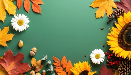 Obraz premium Autumn celebration with sunflowers and leaves outdoor decor floral arrangement colorful environment top view seasonal concept