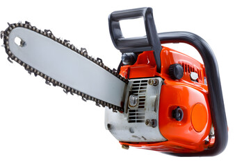 Fototapeta premium Close-up of a bright orange chainsaw with a sharp blade, showcasing its engine and handle for outdoor use