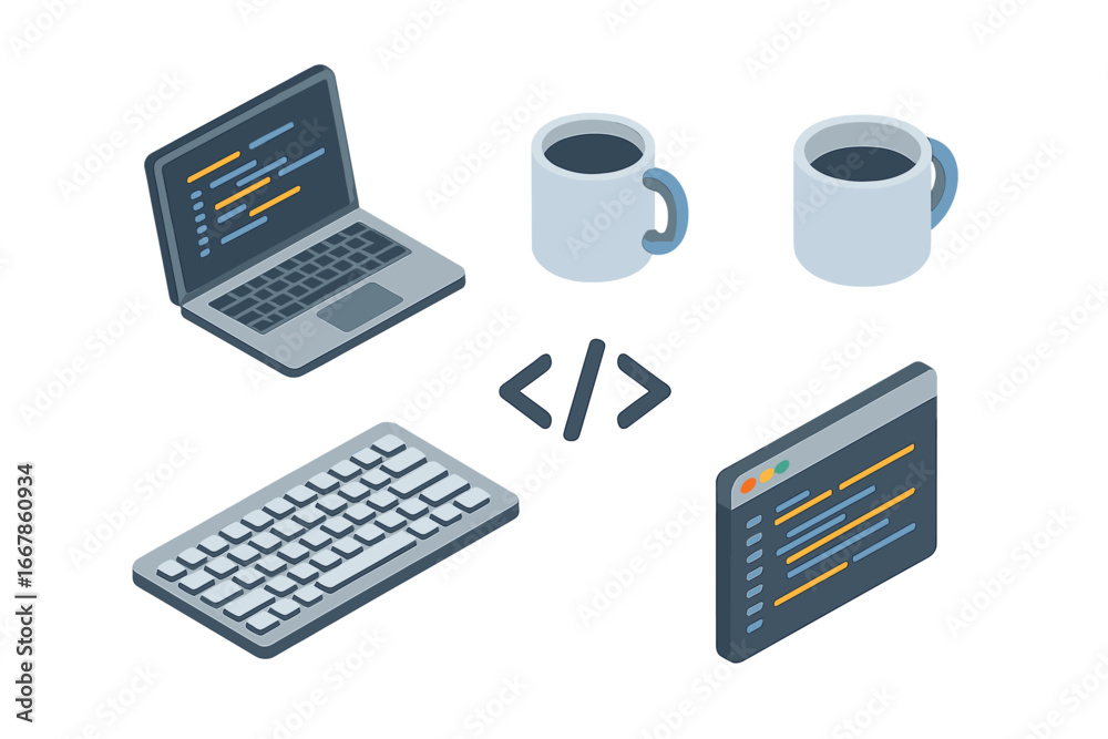 Wall mural isometric coding icon set. web and software development concept. programmer workspace elements. lapt