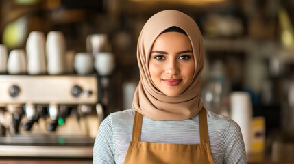 A young woman wearing a hijab and apron smiles warmly in a cafe setting, showcasing a welcoming atmosphere, This image is ideal for promoting cultural diversity in food service or hospitality sectors