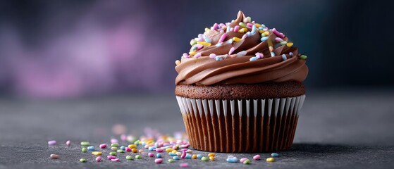 cupcakes sprinkles artisan concept. Delicious chocolate cupcake topped with sprinkles on a dark background.