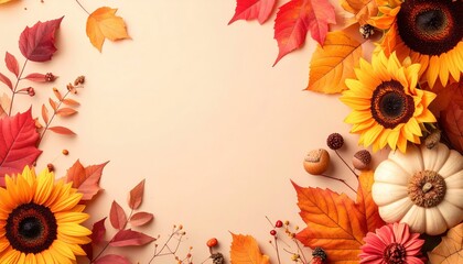 Obraz premium Autumn floral arrangement with sunflowers and pumpkins seasonal decor home environment aesthetic viewpoint fall concept