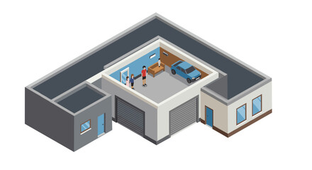 Modern isometric garage layout with family and car in 3d design