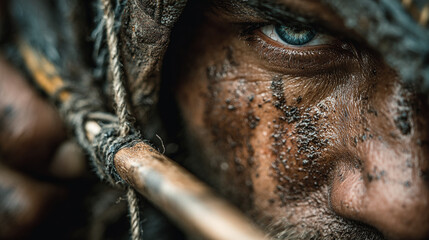 Obraz premium Close up of a man's face with dirt and rope around his head looking on.