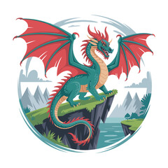 Majestic teal dragon with fiery red wings perched on a rocky outcrop