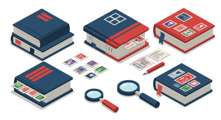 Isometric stamp collecting books and tools