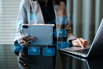 Woman using chat bot in smartphone intelligence Ai. Chat with AI Artificial Intelligence, developed by OpenAI generate. robot in online system. in modern office