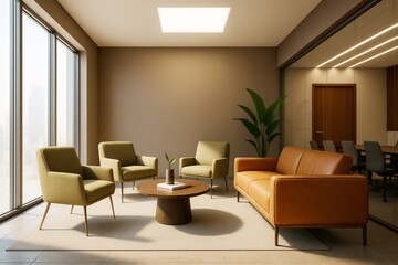 Fototapeta premium Modern office lounge interior with natural light, cozy seating, minimalist decor, and contemporary furniture in a stylish open space concept.