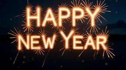 Happy New Year written in glowing sparklers effect, night sky with floating embers - Powered by Adobe
