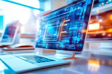 Modern computers displaying digital code in a tech workspace