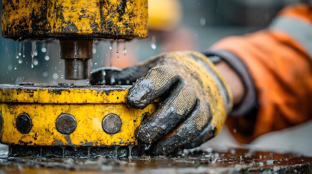 Close-up of worker with gloves operating yellow machinery with water and oil in industrial environment.