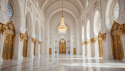 Luxurious Islamic architecture interior with high arched ceilings, intricate golden patterns on doors.