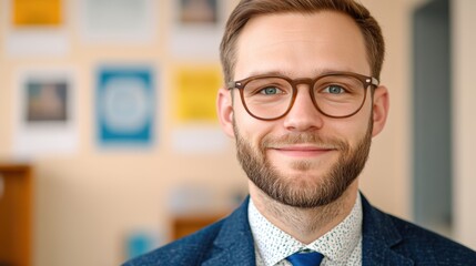A smiling young man with glasses and a stylish suit poses confidently in a modern office, This image can be used for professional profiles, business marketing, or promotional materials,