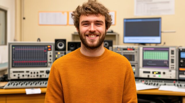 A young man with a friendly smile poses in a recording studio, surrounded by audio equipment and monitors, making it ideal for content related to music production, audio engineering, or studio work,